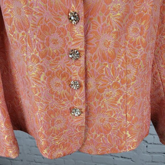 ECI New York Orange Floral 100% Silk Lined Rhinestone Snap Notch Jacket Size 14 - Picture 9 of 16